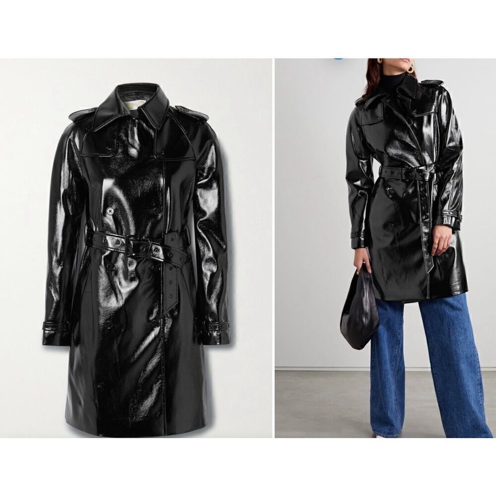 Michael Michael Kors Nwt Belted Crinkled Faux Patent-Leather Trench Coat Black M